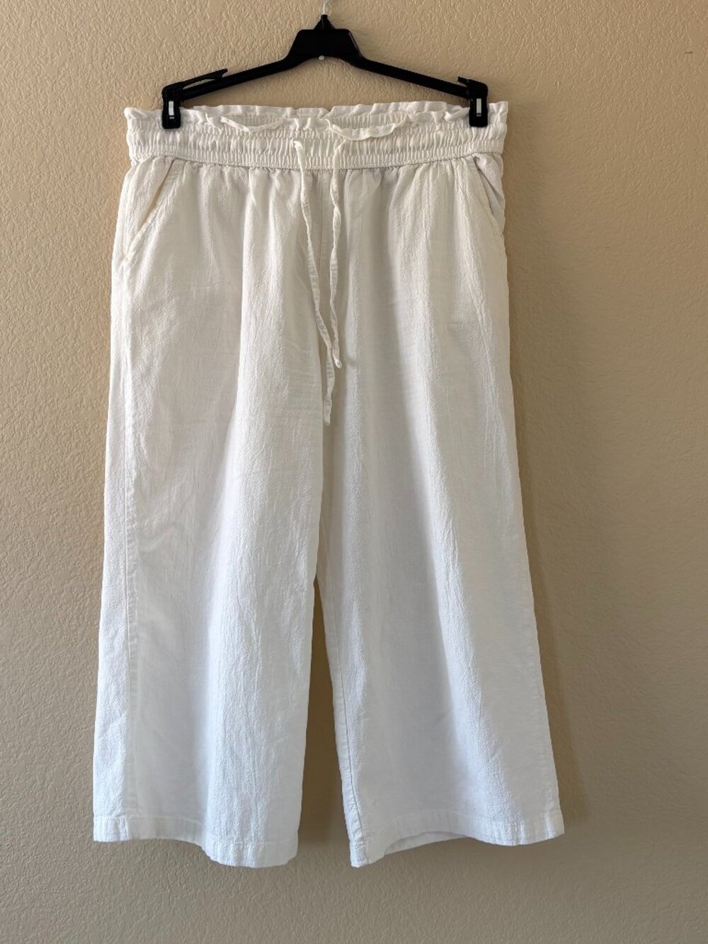 White Linen Blend Wide Leg Crop Pants Women L Pull On Elastic Waist Resort Coast